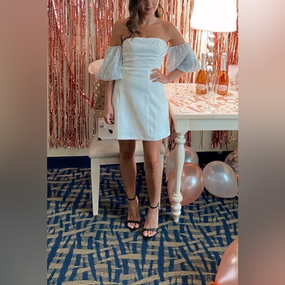 Club L London Sequin Off Shoulder White Mini Dress - Picture 3 of 11